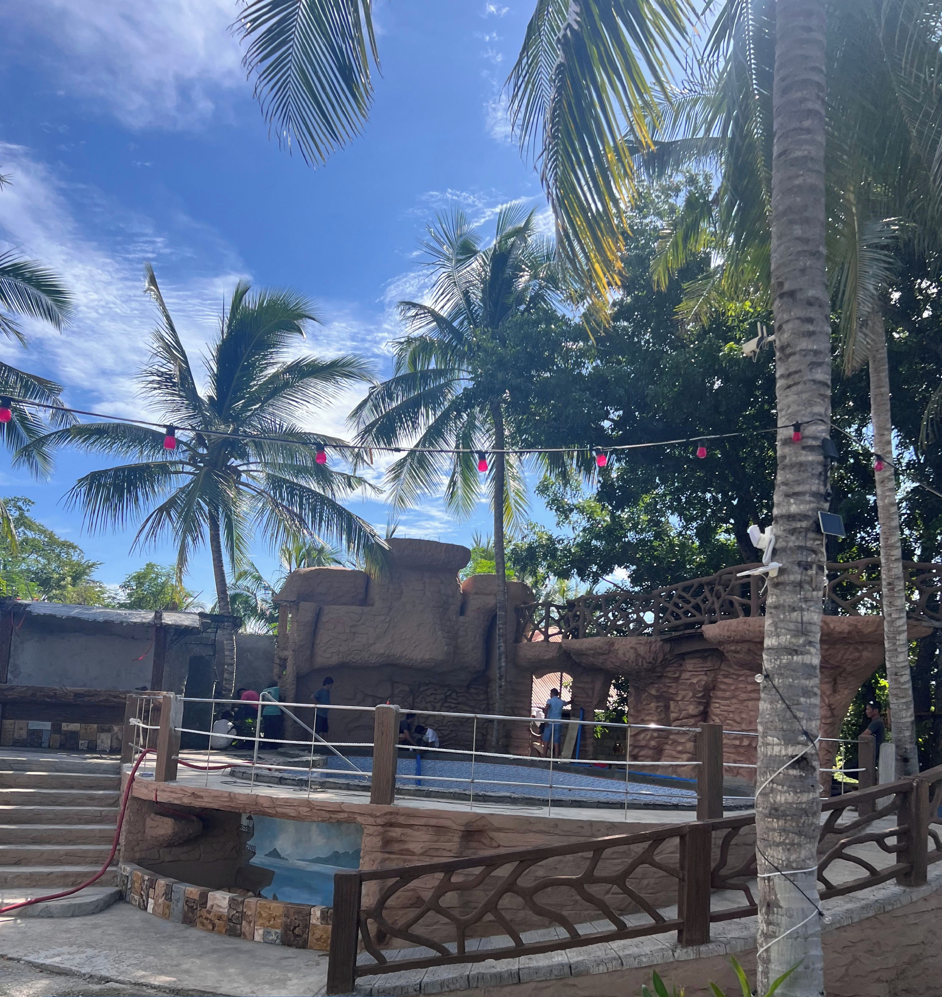 A swimming pool area with a wooden bridge, palm trees, and a clear sky.