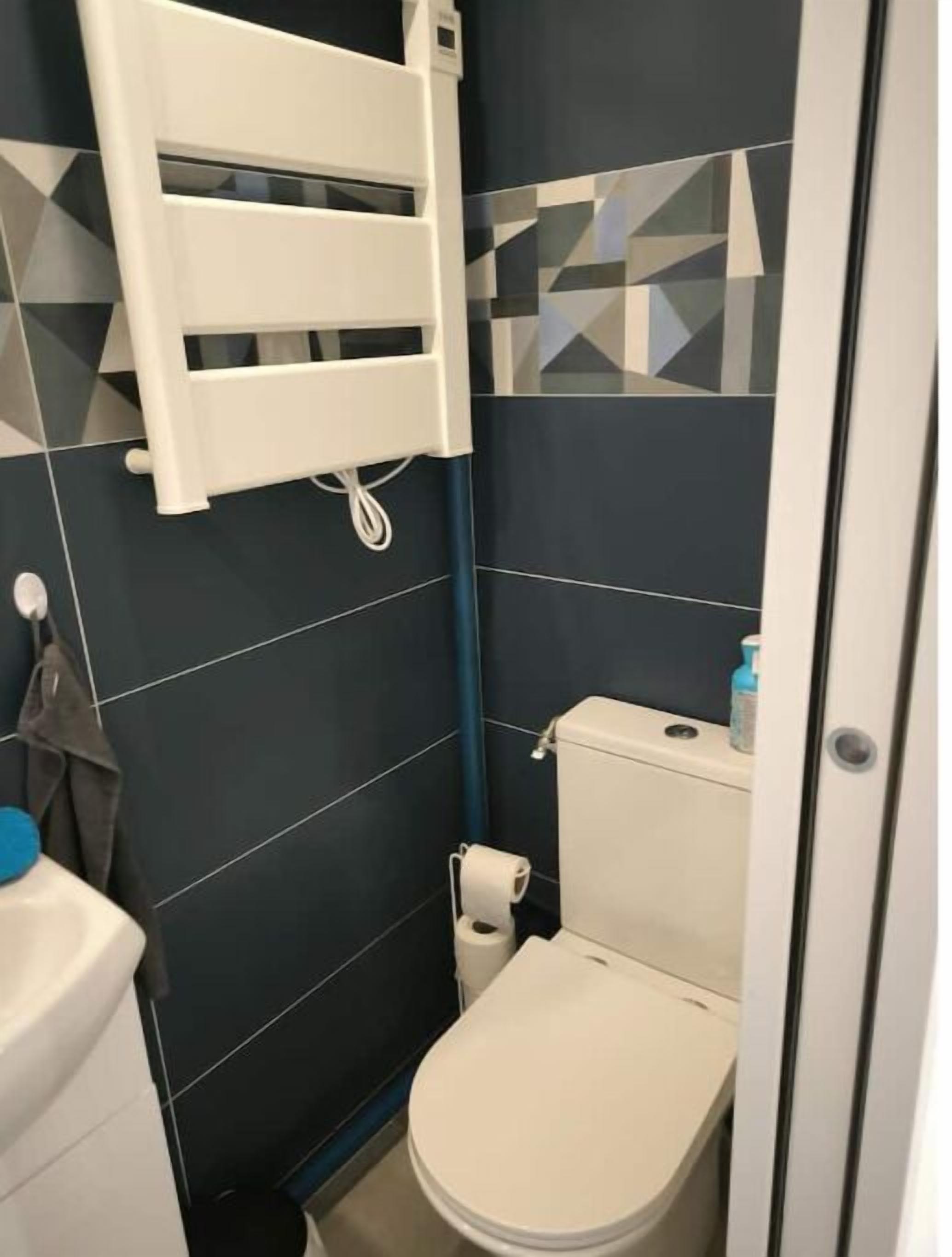 Pieni kylpyhuone, jossa on wc, pyyheteline ja wc-paperiteline.