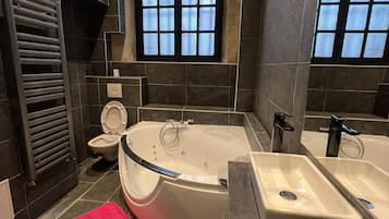 Hair dryer, towels, soap, toilet paper