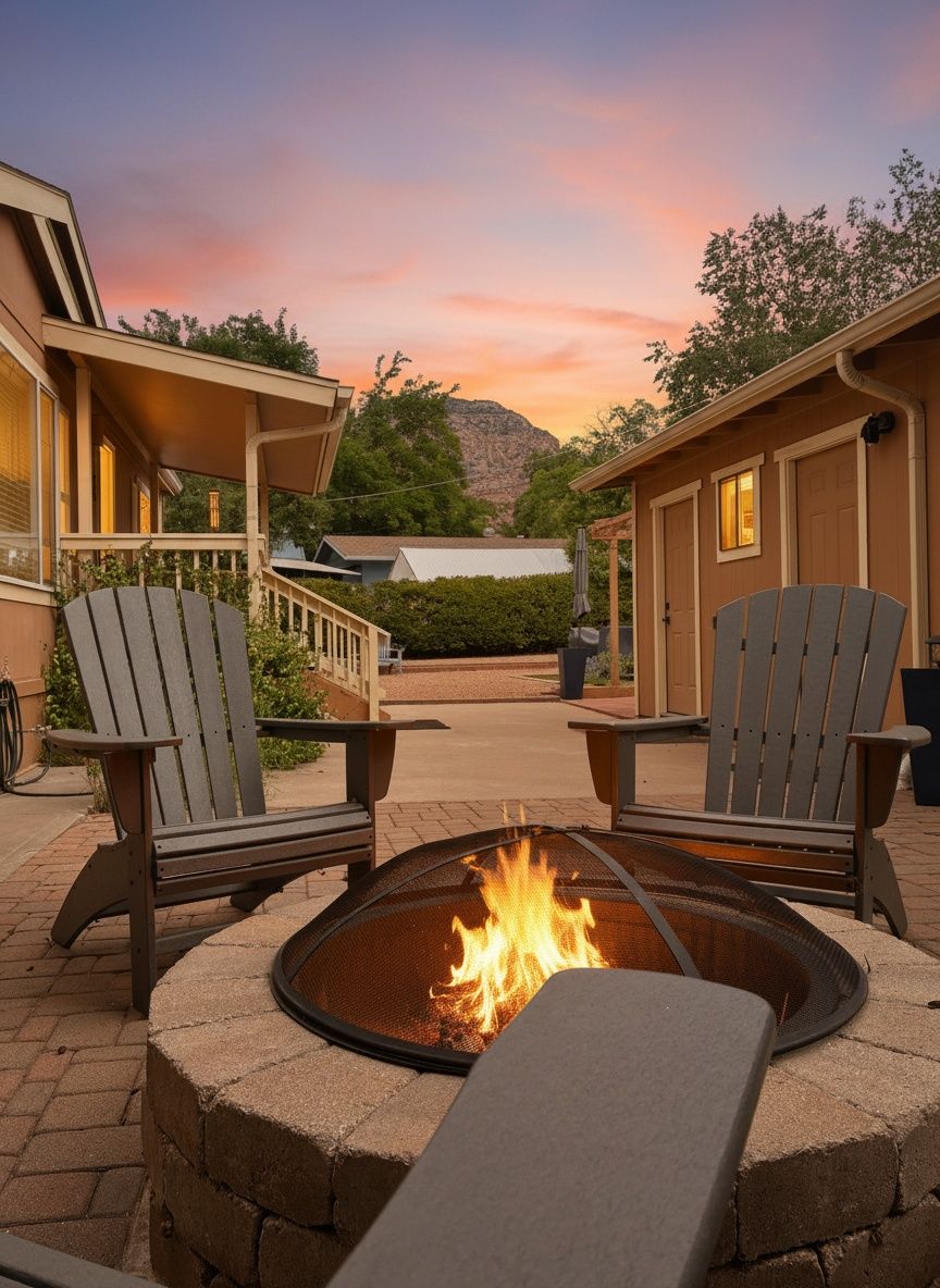 Ein Feuerkorb mit zwei Adirondack-Stühlen, eine Backsteinmauer und ein Gebäude mit einer Veranda im Hintergrund.
