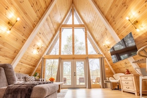 Smart TV, chimenea y libros 
