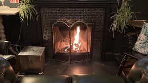 Una habitación acogedora con chimenea, asientos de cuero y plantas colgantes.