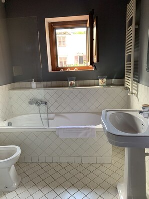 Shower, hair dryer, bidet, towels