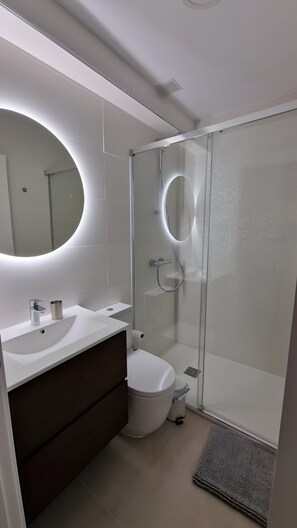 Shower, hair dryer, bidet, towels