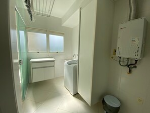 Hair dryer, towels, soap, toilet paper