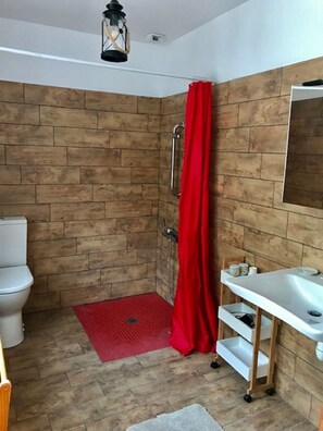 Dusche, Haartrockner, Seife, Toilettenpapier