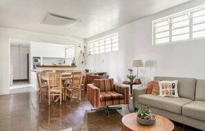 TV connectée, cheminée, livres, médiathèque