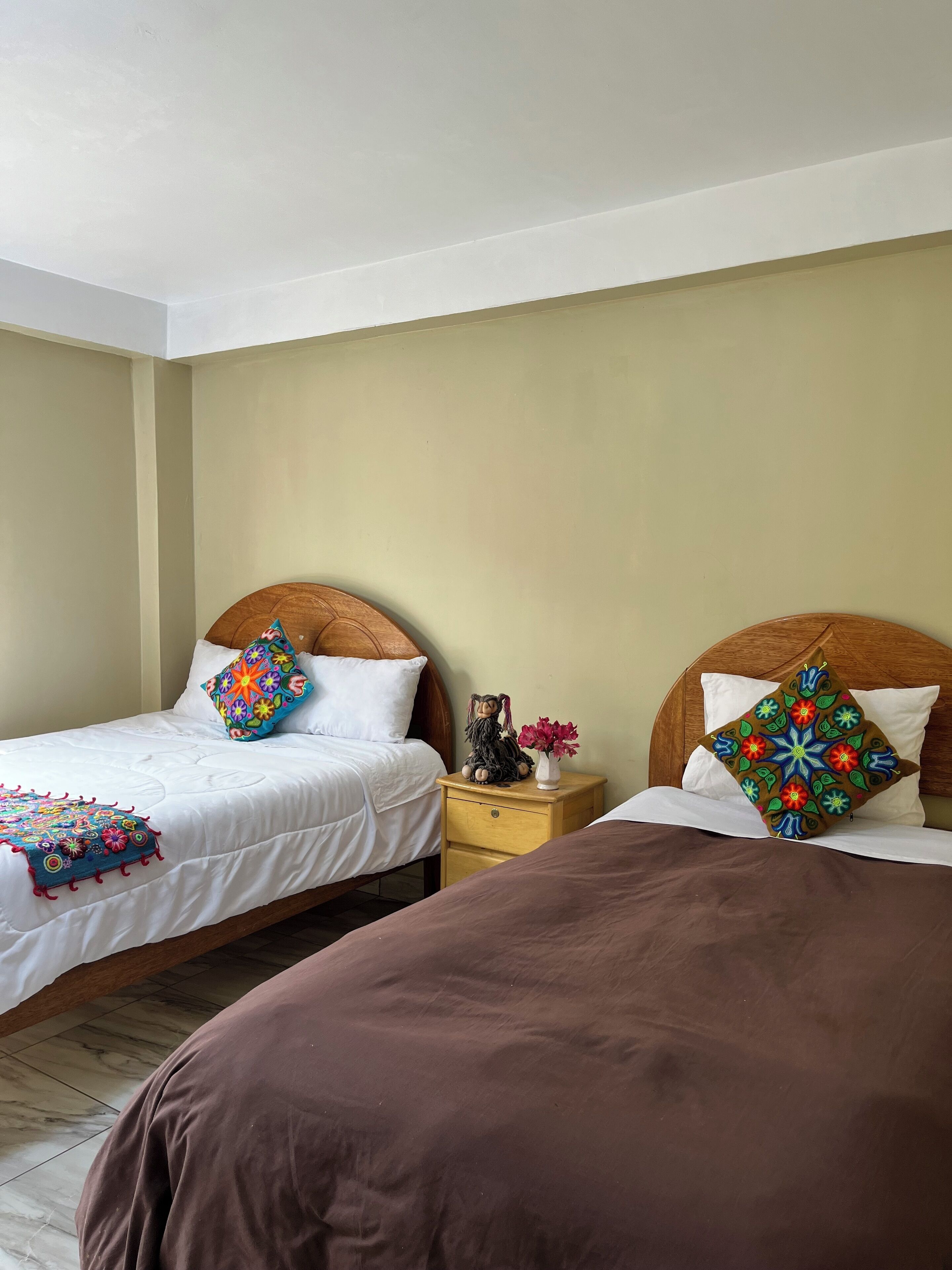 Un dormitorio con dos camas individuales, una mesita de noche con lámpara y un cojín decorativo.