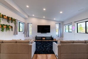 Smart TV, fireplace, video games, ping pong