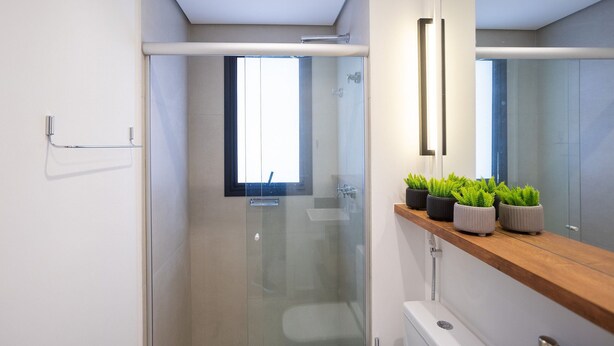A modern bathroom with a glass shower enclosure, a wooden vanity with potted plants, and a large mirror. - Step Up Paraíso (São Paulo)