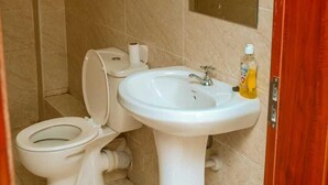 Un baño con inodoro, lavabo y espejo.