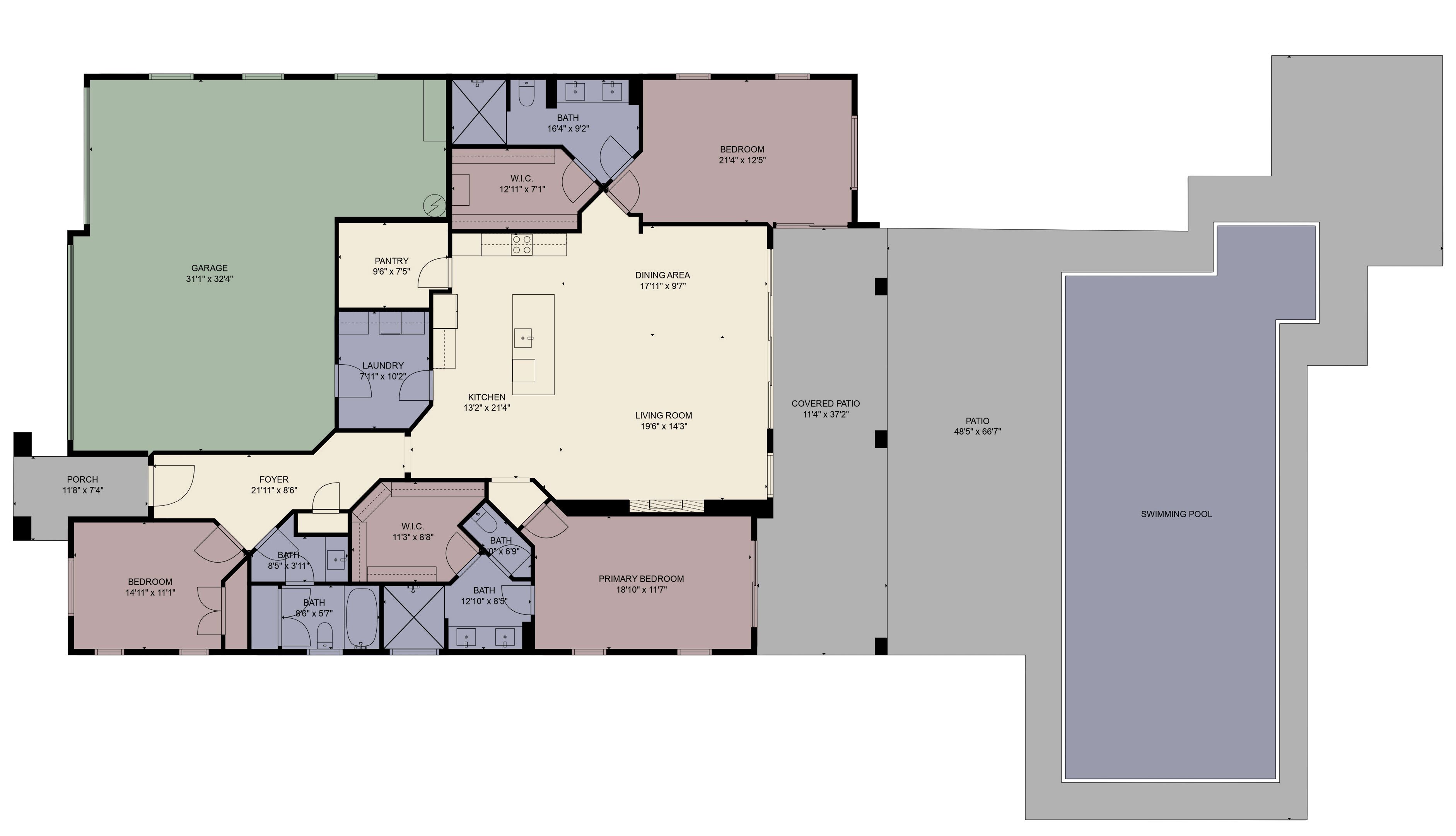 Un plan d’étage d’une maison comprenant un garage, deux chambres, un coin repas, une cuisine, un salon, une terrasse couverte et une piscine.
