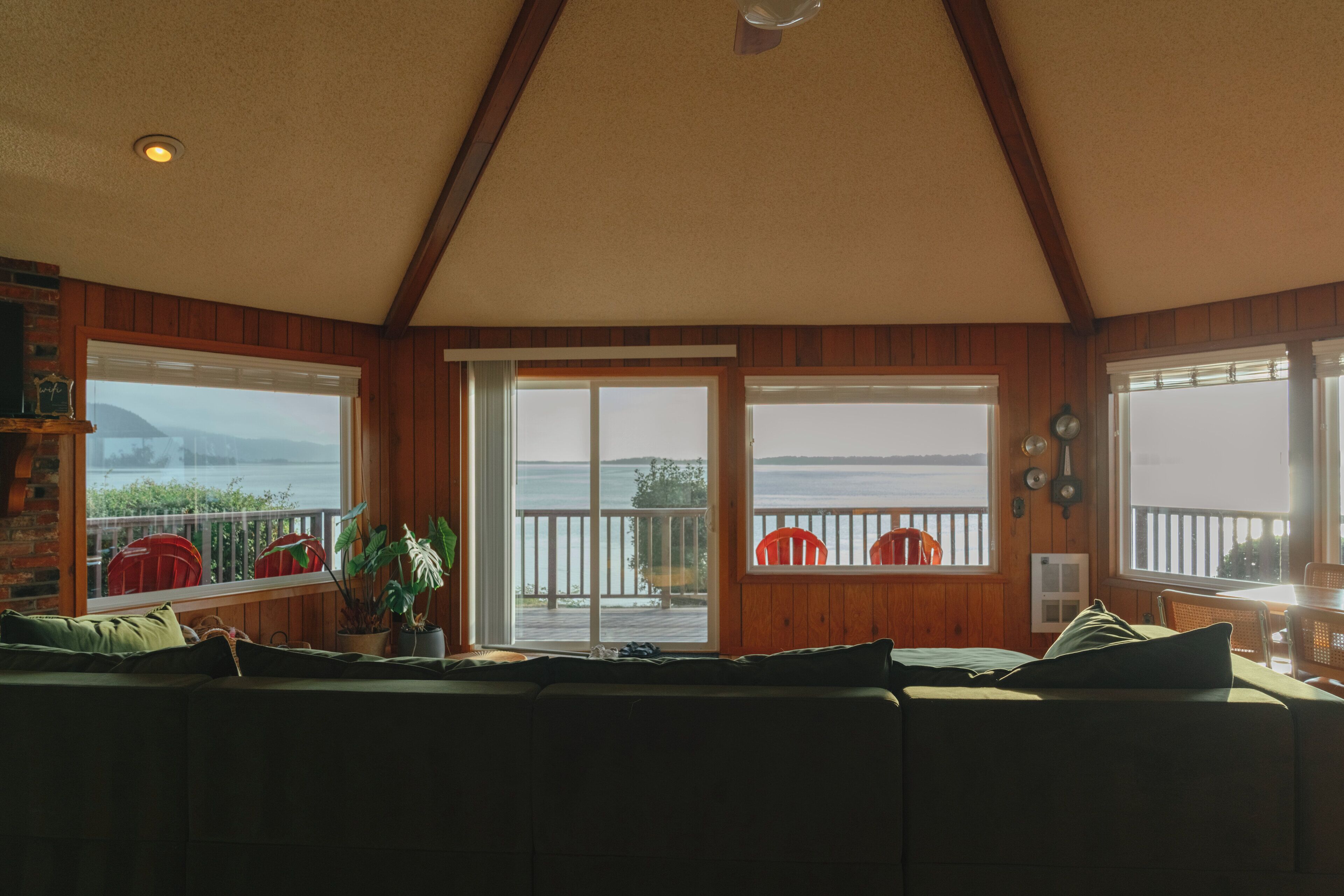 Smart TV, fireplace, books, music library