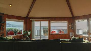 Smart TV, fireplace, books, music library