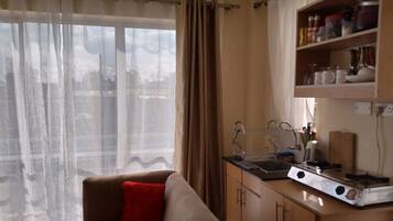 Business Studio | Private kitchen | Fridge, microwave, cookware/dishes/utensils