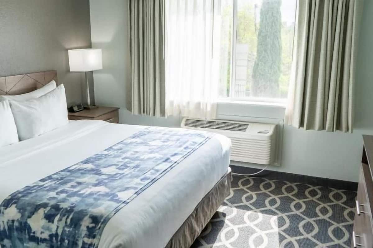A hotel room with a bed, a bedside table, a lamp, a window with curtains, and an air conditioning unit.
