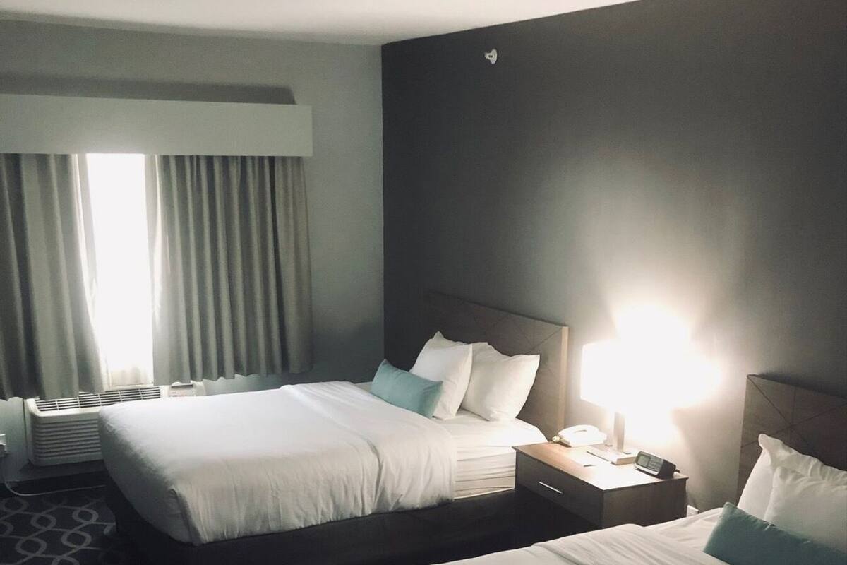 A hotel room with two beds, a bedside table with a lamp, a window with curtains, and a patterned carpet.
