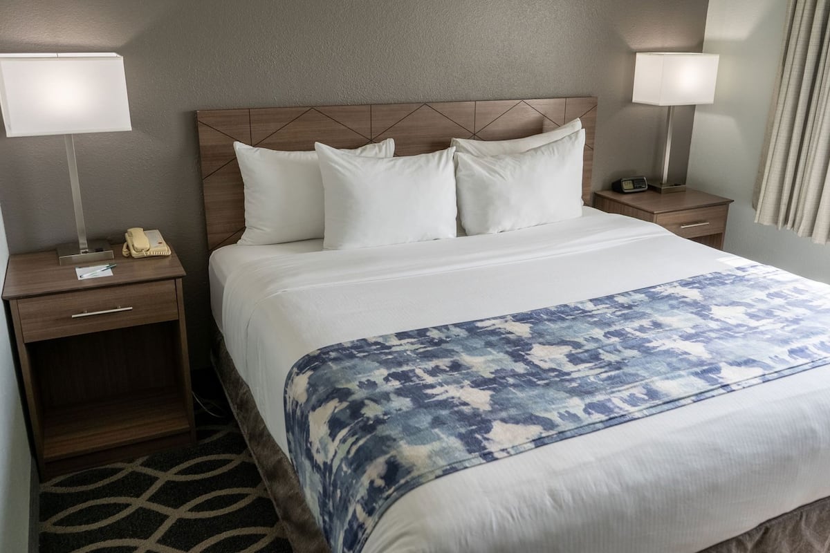 A hotel room with a bed, two bedside tables, a lamp on each table, a telephone, and a patterned rug.