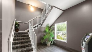 A staircase with patterned carpet, a white railing, and a potted plant beside it. - Wingate by Wyndham Humble/houston Intercontinental Airport (Humble)