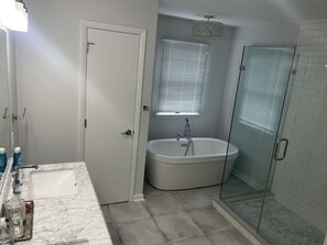 Shower, towels, soap, shampoo