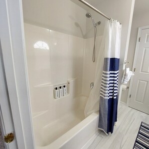 Hair dryer, towels, soap, shampoo