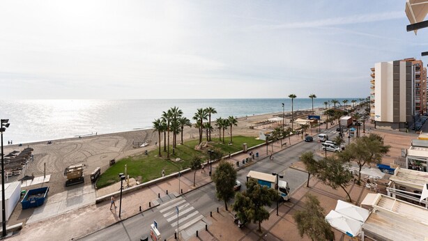 Eine Küstenstraße mit Strand, Palmen und einer Fußgängerampel.