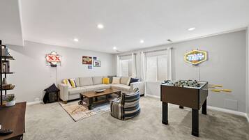 Smart TV, fireplace, video games, table football