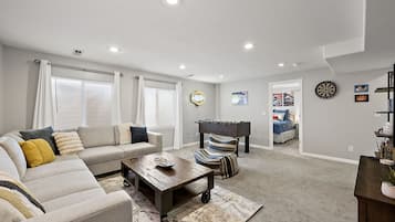 Smart TV, fireplace, video games, foosball