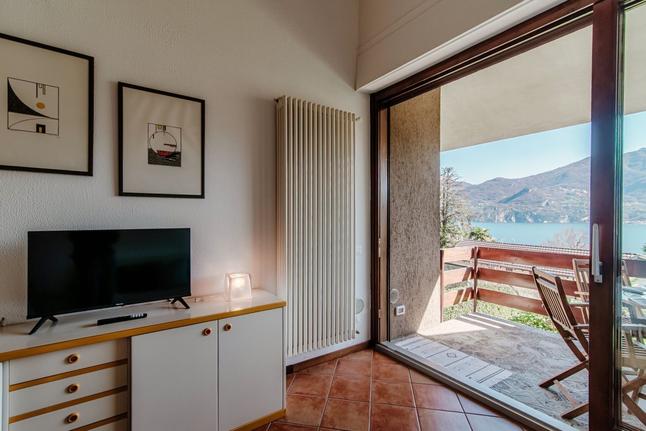 Ein Zimmer mit Fernseher, gerahmten Bildern, Heizkörper und Blick auf eine gebirgige Landschaft durch eine Glastür.