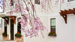 A building with a stone foundation and white siding, featuring a porch with steps leading to a door. - Blue Ridge Getaway & Spa ~ King | Sauna | Walkable (Black Mountain)