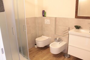 Chuveiro, secador de cabelo, toalhas de banho 