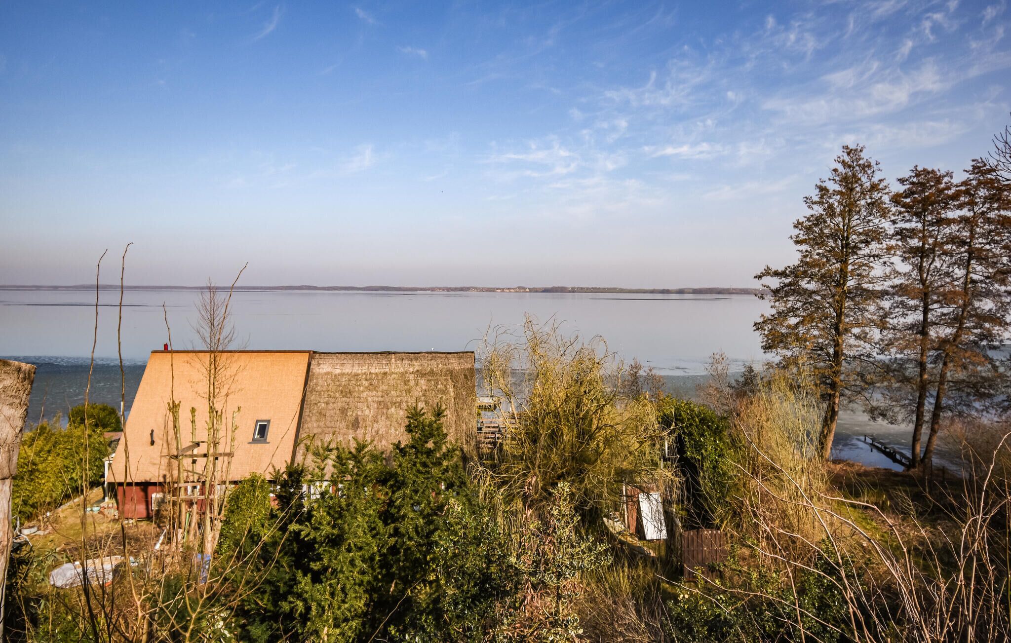 Une vue sur la côte, avec un bâtiment, des arbres et une étendue d’eau.