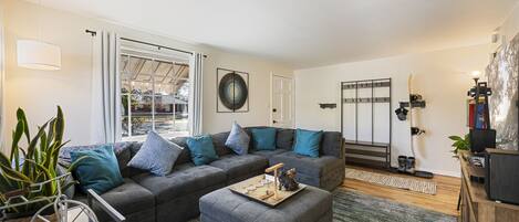 Smart TV, fireplace, DVD player, books