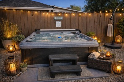 Cute & Cheerful w/Hot Tub, Hammocks, Fenced Yard, & BBQ! Near Airport & DT!