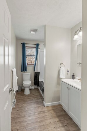 Hair dryer, towels, soap, shampoo