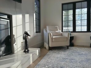 Smart TV, chimenea y libros 