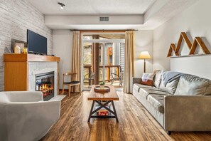 TV, fireplace, books, offices