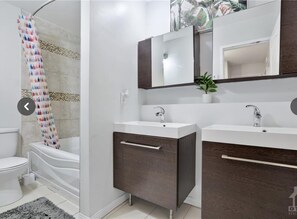 Shower, hair dryer, bidet, towels