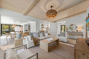Smart TV, chimenea, libros, oficina
