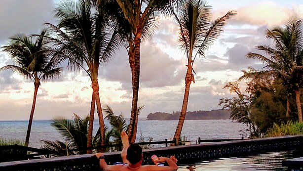 A pool with a view of the ocean and palm trees.