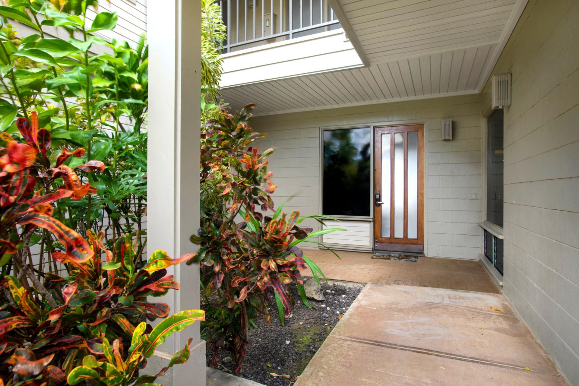A covered outdoor area with a concrete floor, a wooden door, and various plants.
