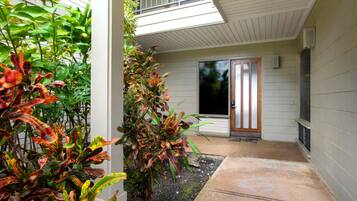 A covered outdoor area with a concrete floor, a wooden door, and various plants.