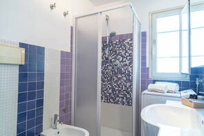 Shower, hair dryer, bidet, towels