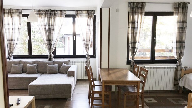 A cozy living room with a sofa, a dining table, and chairs. There are large windows with curtains, a radiator, and a hanging light fixture.