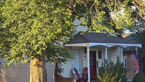 Una casa con porche, un árbol y una bandera estadounidense.