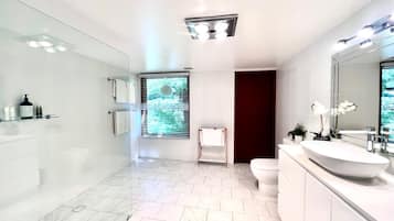 Eco-friendly toiletries, hair dryer, towels, soap