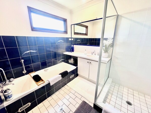 Hair dryer, towels, soap, shampoo