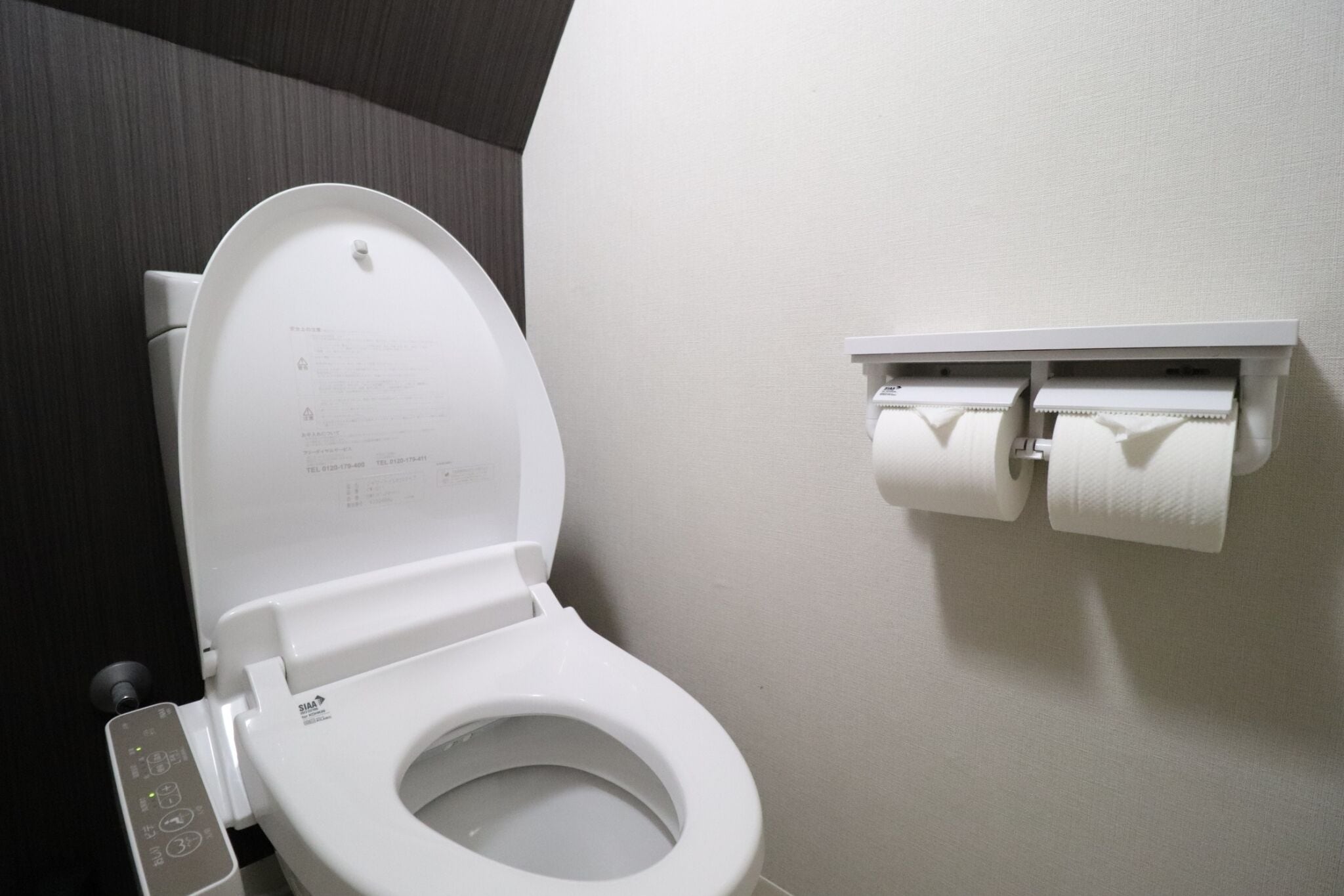 Des toilettes modernes dotées d’un panneau de commande et d’un porte-rouleau de papier toilette fixé au mur.