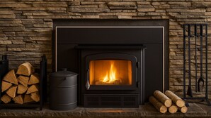 Una chimenea con un fondo de pared de piedra, un soporte metálico para leña y un contenedor metálico.