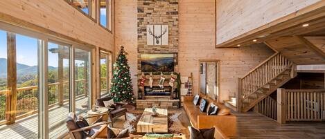 Smart TV, fireplace, video games, DVD player